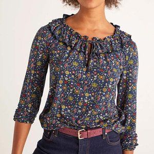 Boden French Navy Crown Ditsy Catriona Ruffle Keyhole Long-Sleeve Top Sz 6 Women